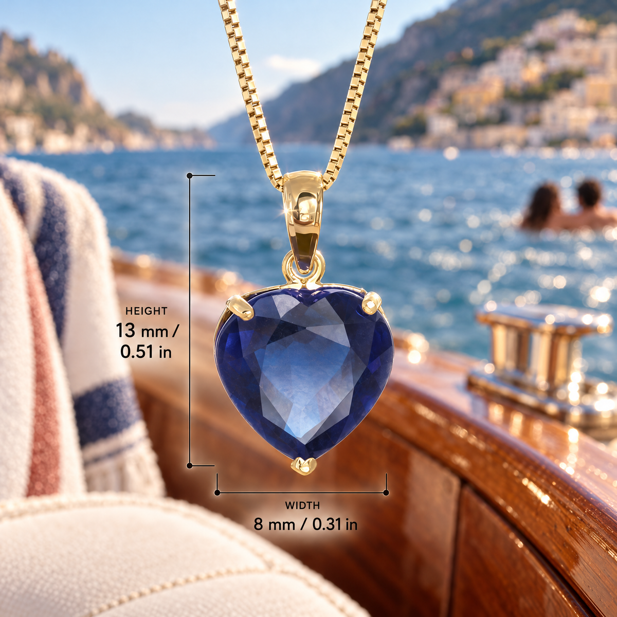 Yellow Gold Giuseppa sapphire pendant with dimensions: 13 mm high and 8 mm wide, against a boat setting.