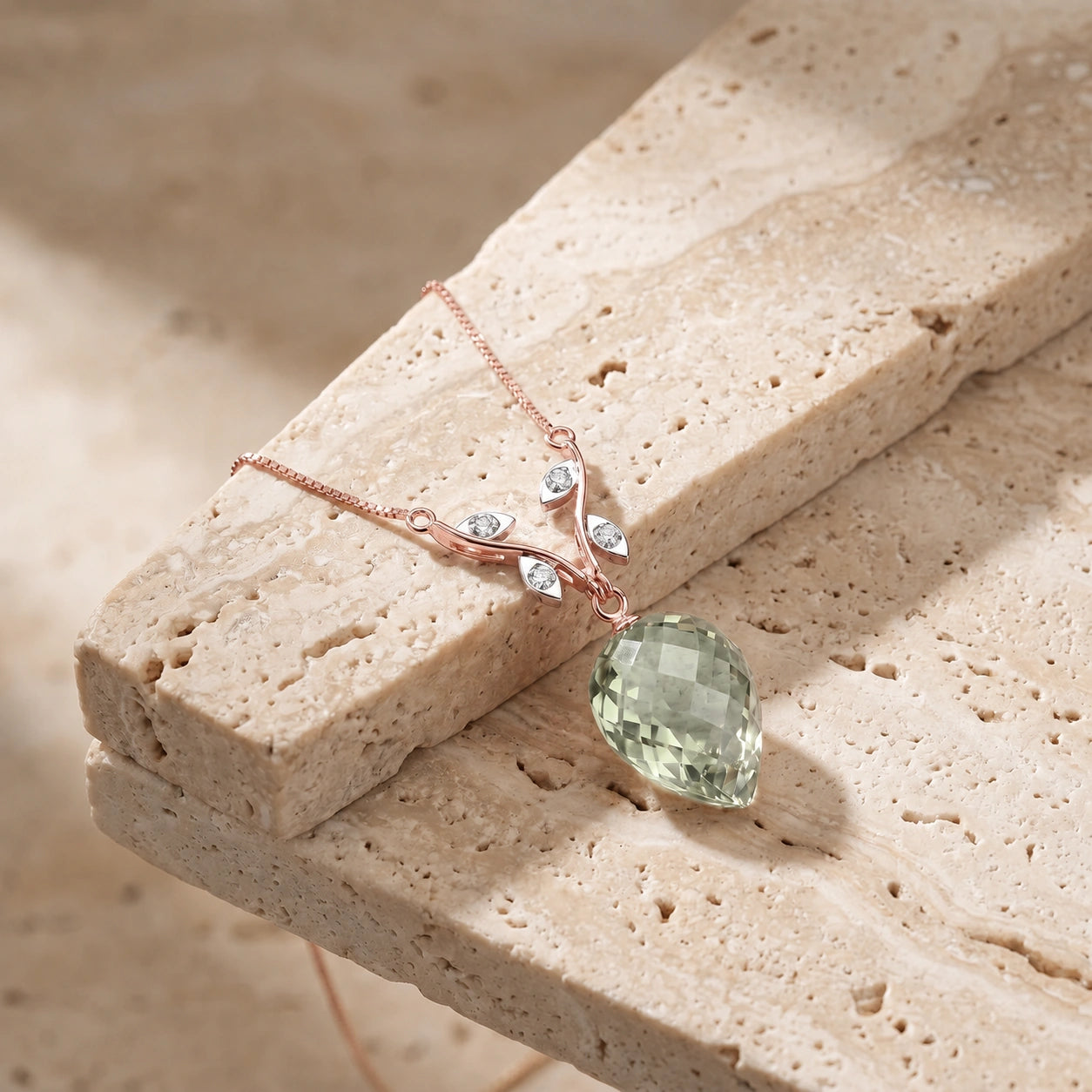 Rose Gold Pendant Necklace Green Amethyst 10K — Crescenza