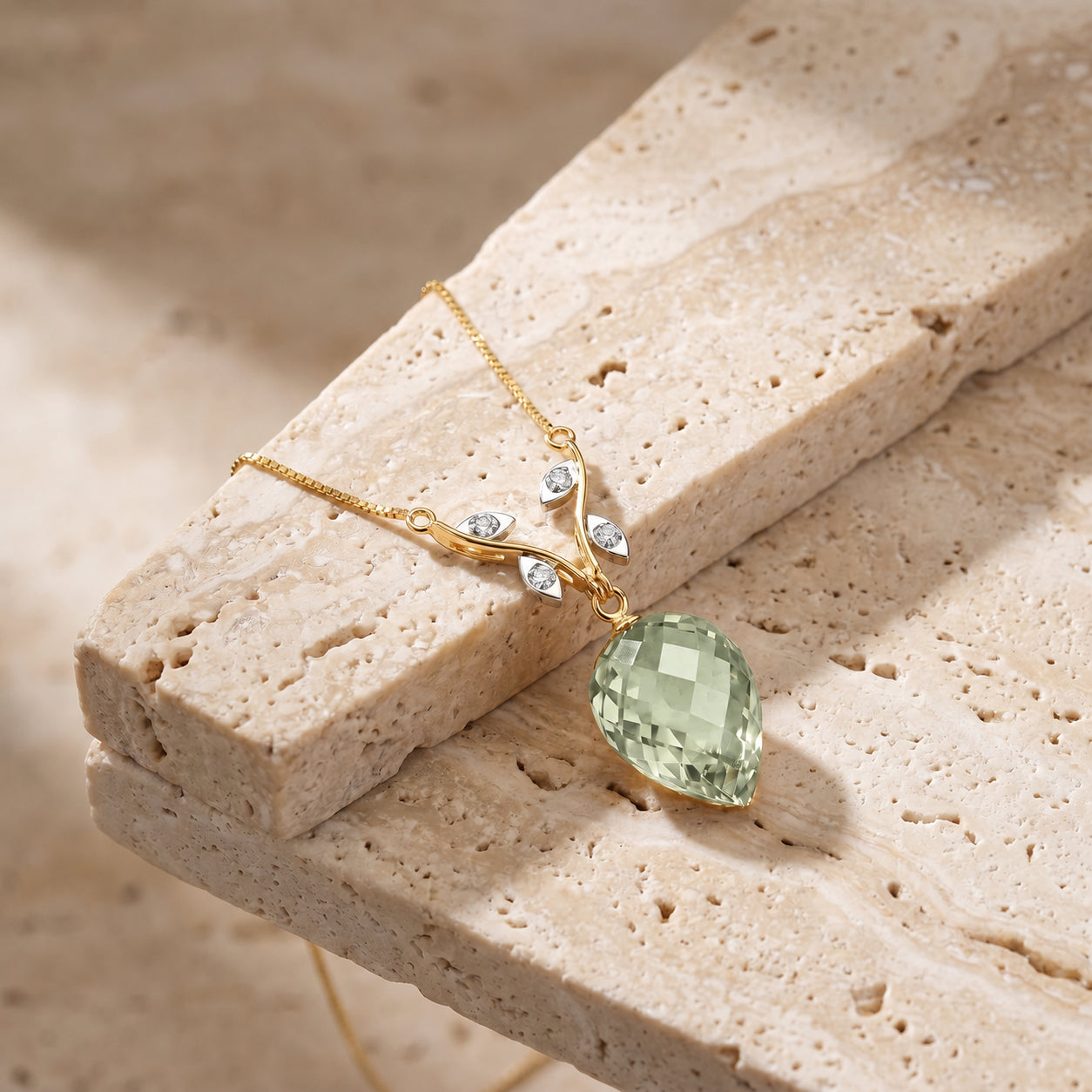 Yellow Gold Pendant Necklace Green Amethyst 10K — Crescenza