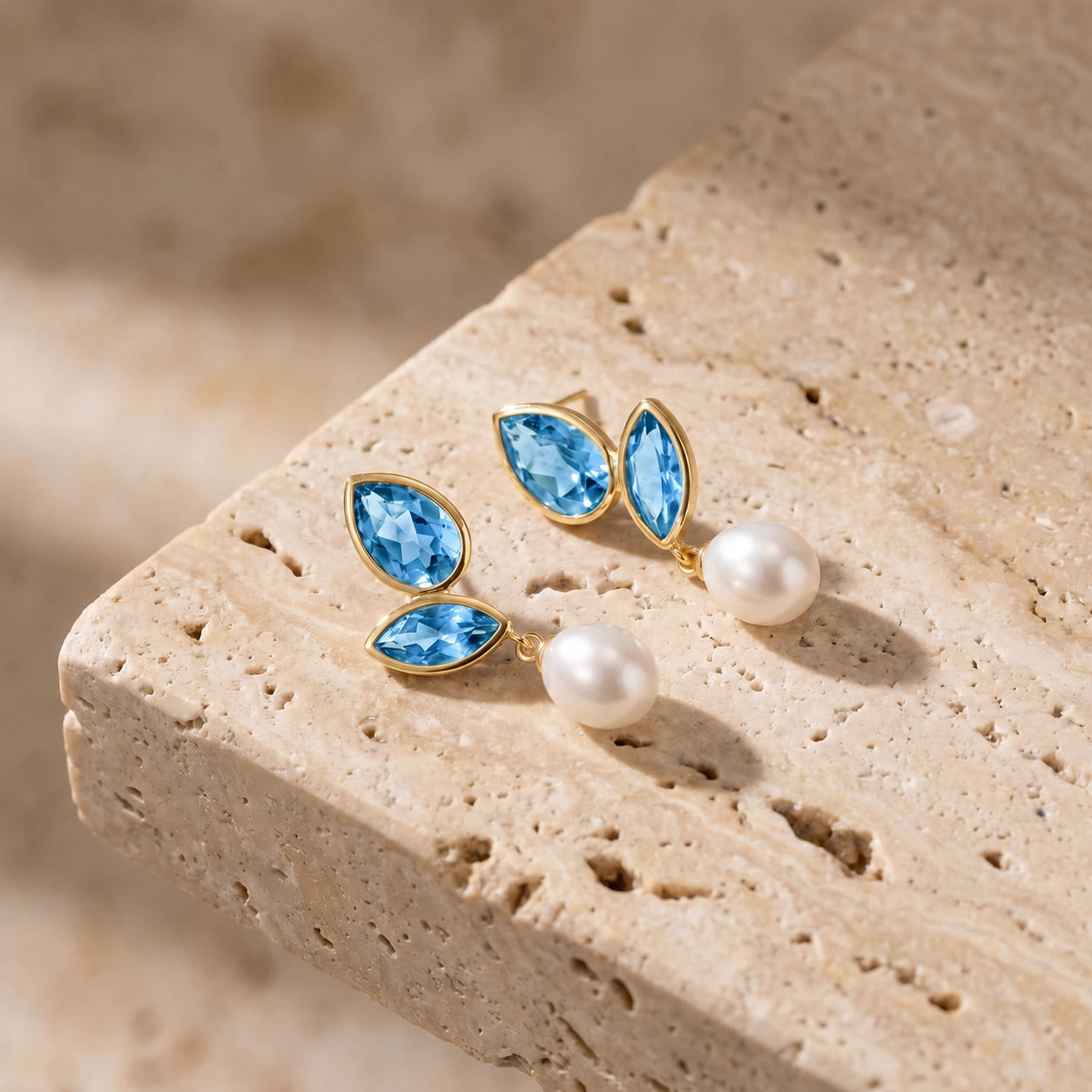 Yellow Gold Blue Topaz & Pearl — Isodora