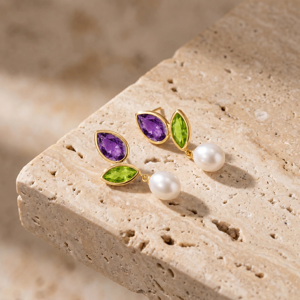 Yellow Gold Pearl & Peridot & Amethyst — Isodora