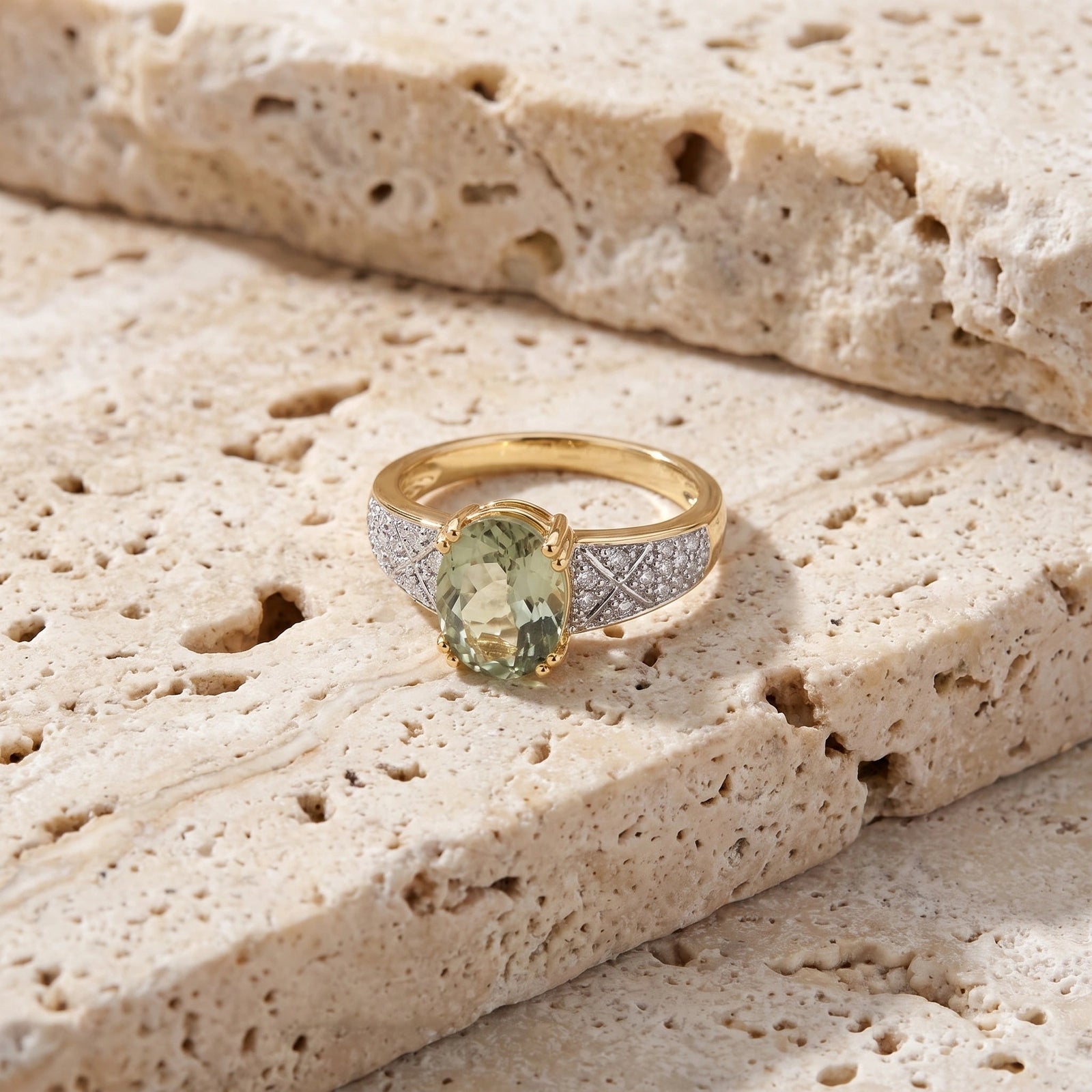 Yellow Gold Green Amethyst & Diamond — Caterina