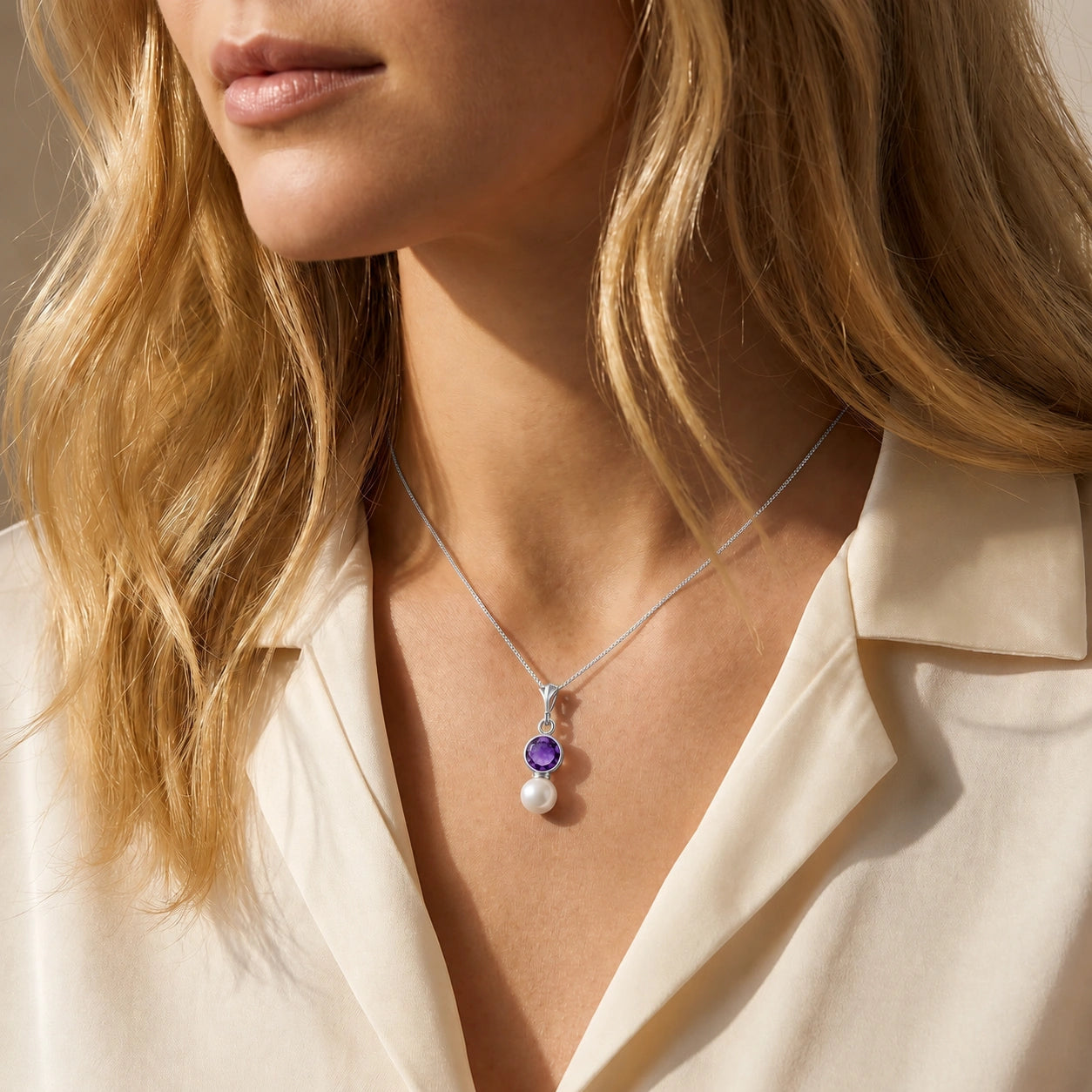 White Gold Rose Necklace Amethyst 10K — Laura