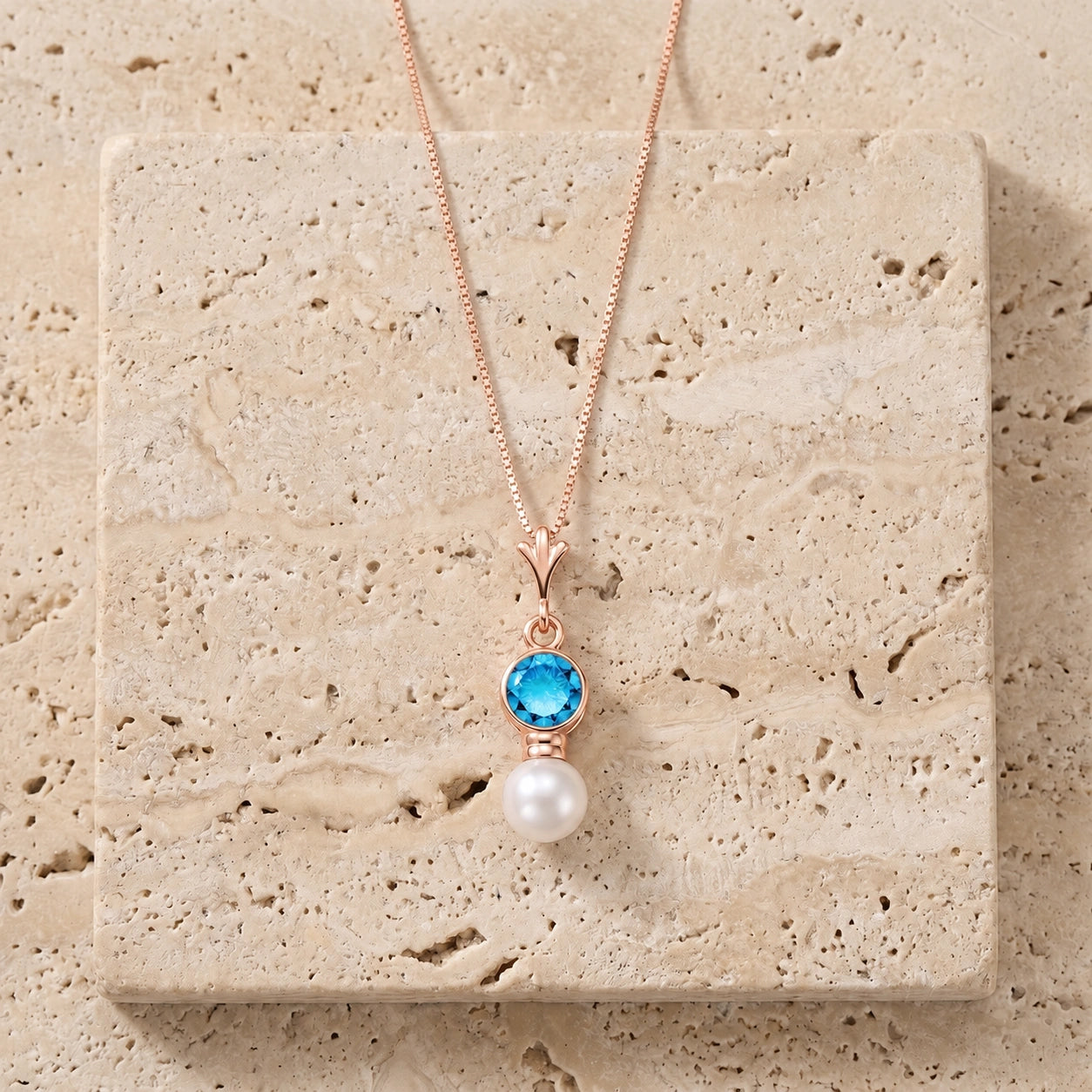 Rose Gold Rose Necklace Aquamarine 10K — Laura