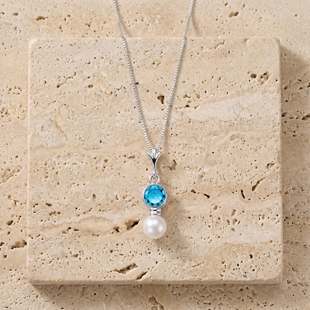 White Gold Rose Necklace Aquamarine 10K — Laura