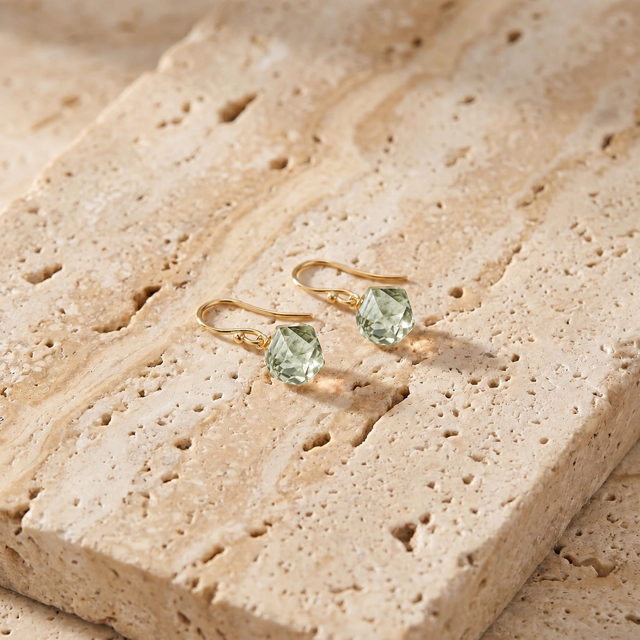 Yellow Gold Earrings Green Amethyst 10K — Calliope