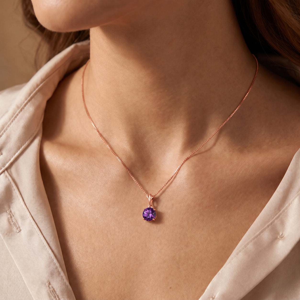 Rose Gold Petal Rose Necklace Amethyst 10K — Liliana