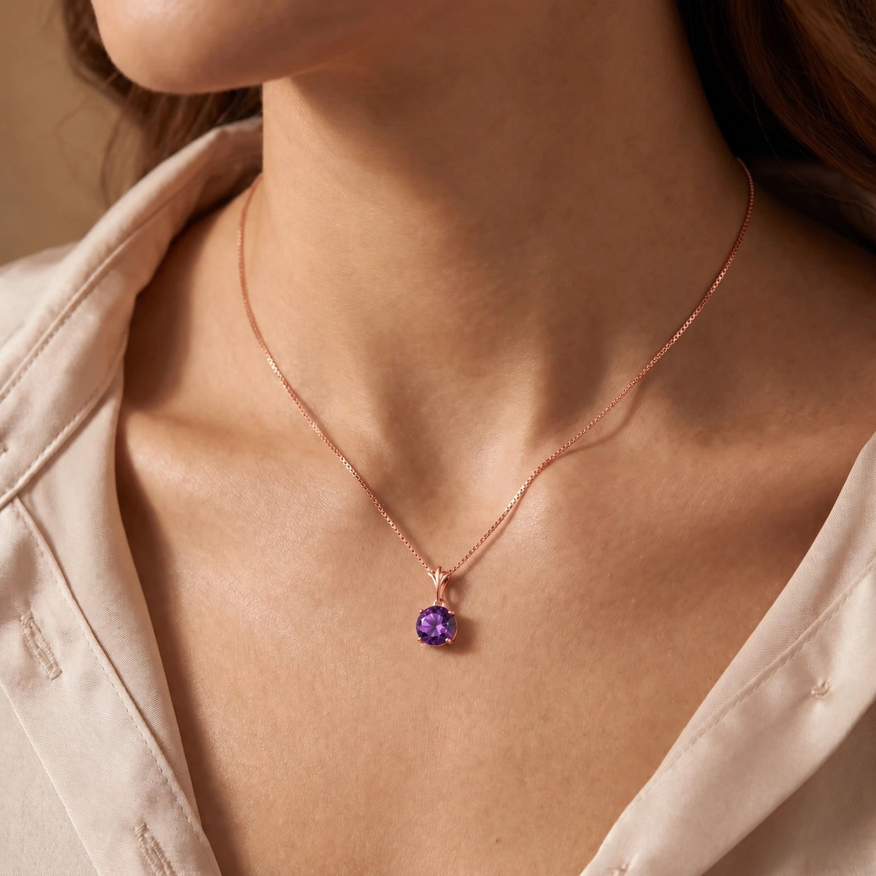 Rose Gold Petal Rose Necklace Amethyst 10K — Liliana