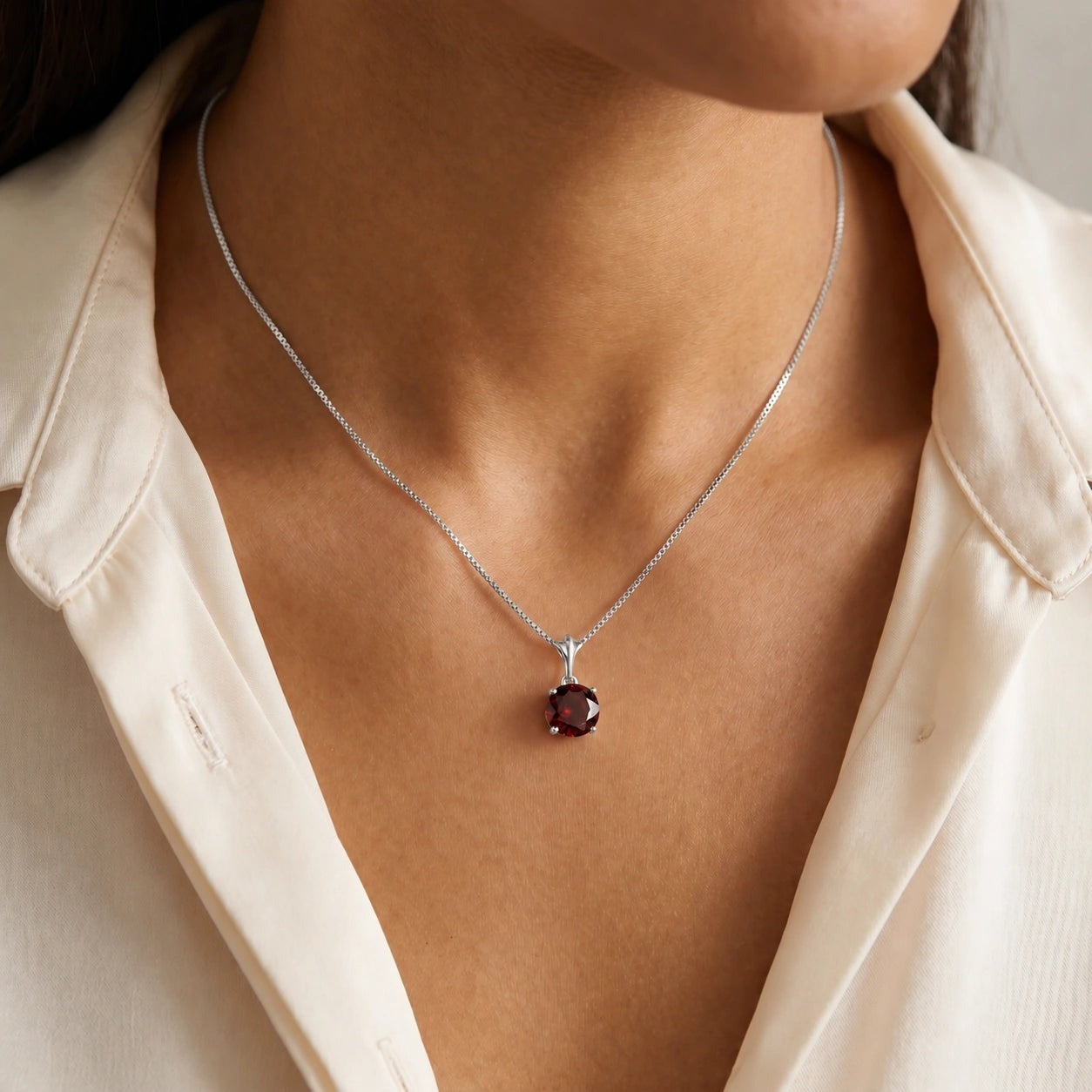 White Gold Petal Rose Necklace Garnet 10K — Liliana