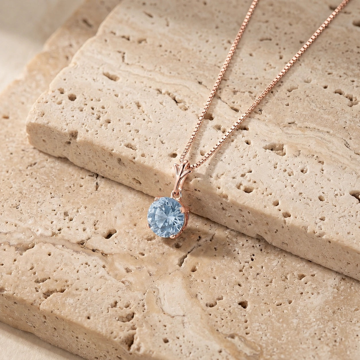 Rose Gold Petal Rose Necklace Aquamarine 10K — Liliana