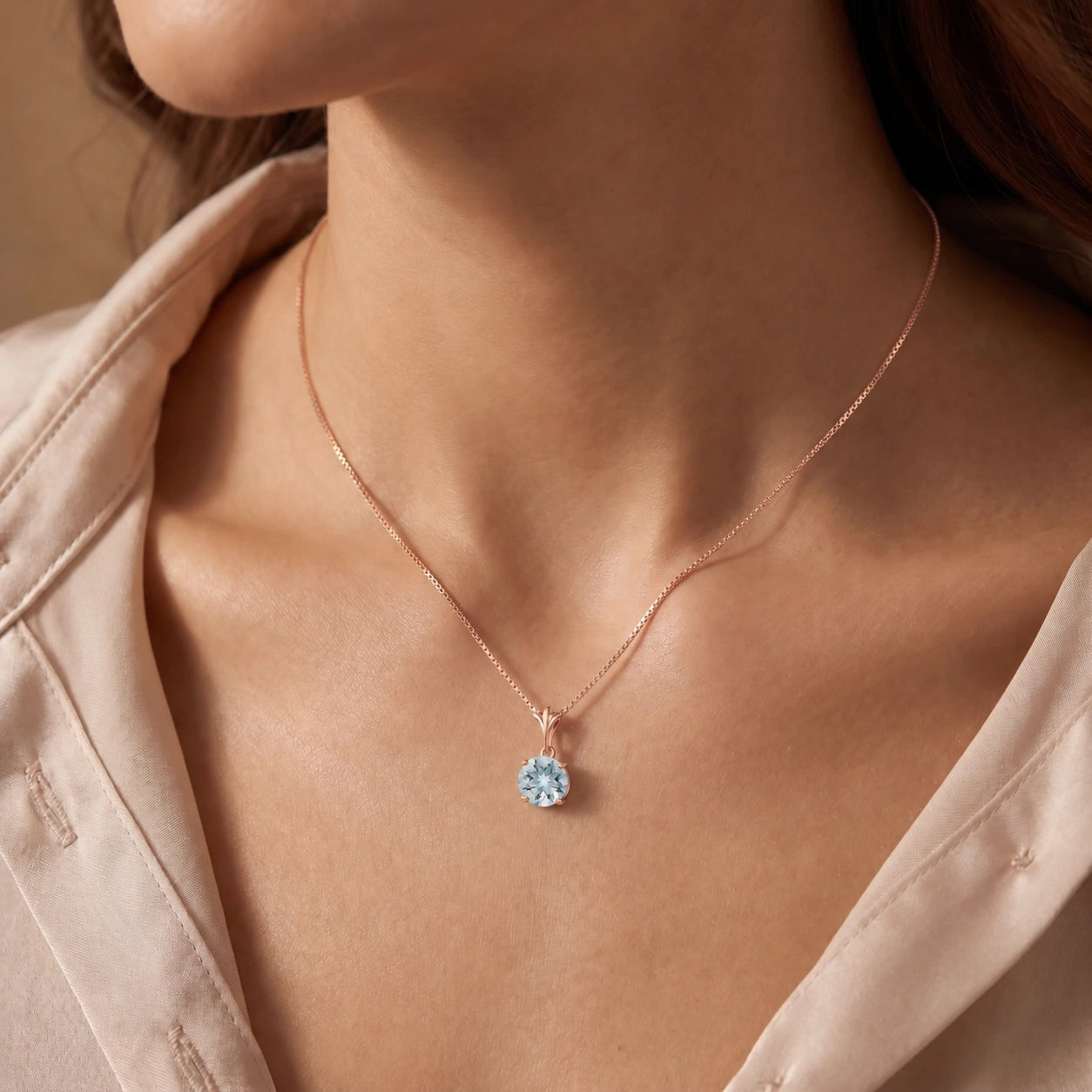 Rose Gold Petal Rose Necklace Aquamarine 10K — Liliana