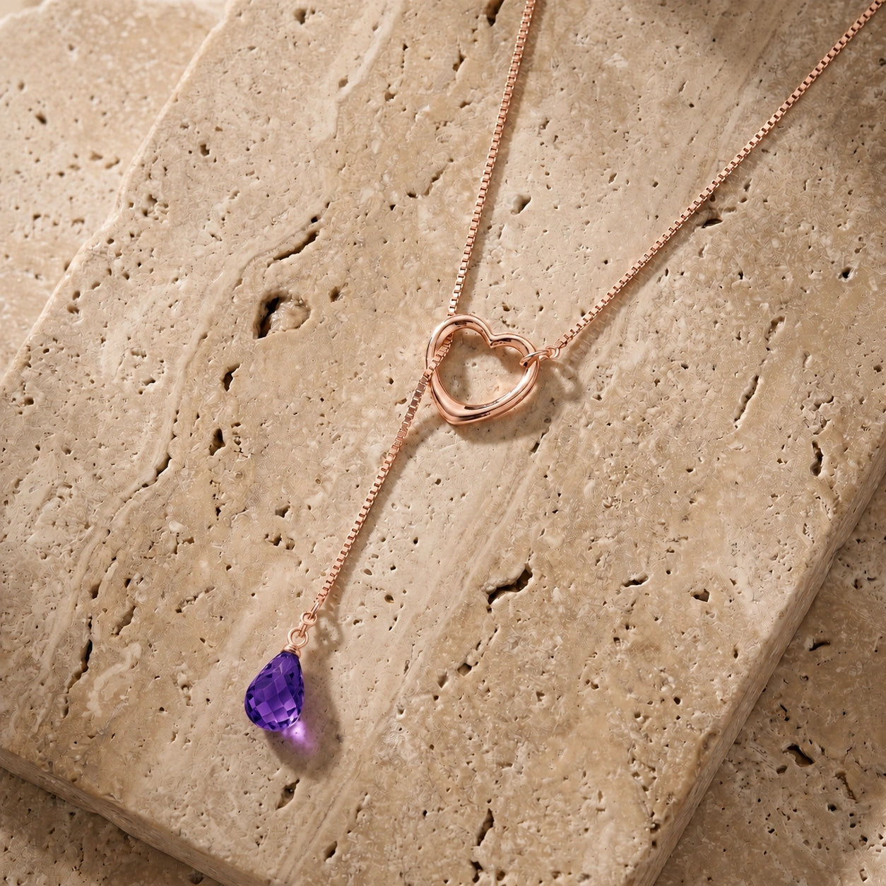 Rose Gold Heart Pendant Drop Necklace Amethyst 10K — Lucia