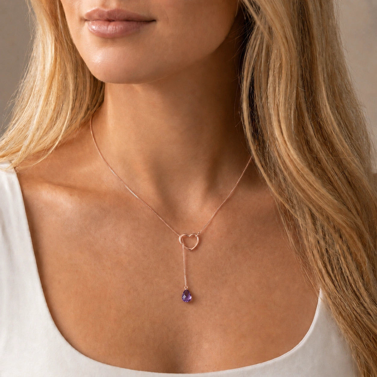 Rose Gold Heart Pendant Drop Necklace Amethyst 10K — Lucia