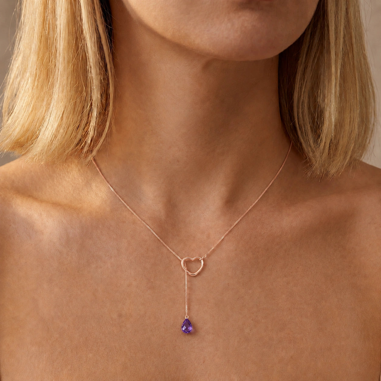 Rose Gold Heart Pendant Drop Necklace Amethyst 10K — Lucia
