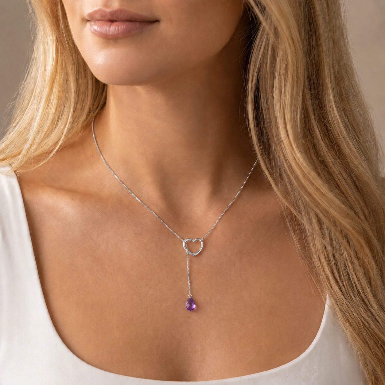 White Gold Heart Pendant Drop Necklace Amethyst 10K — Lucia