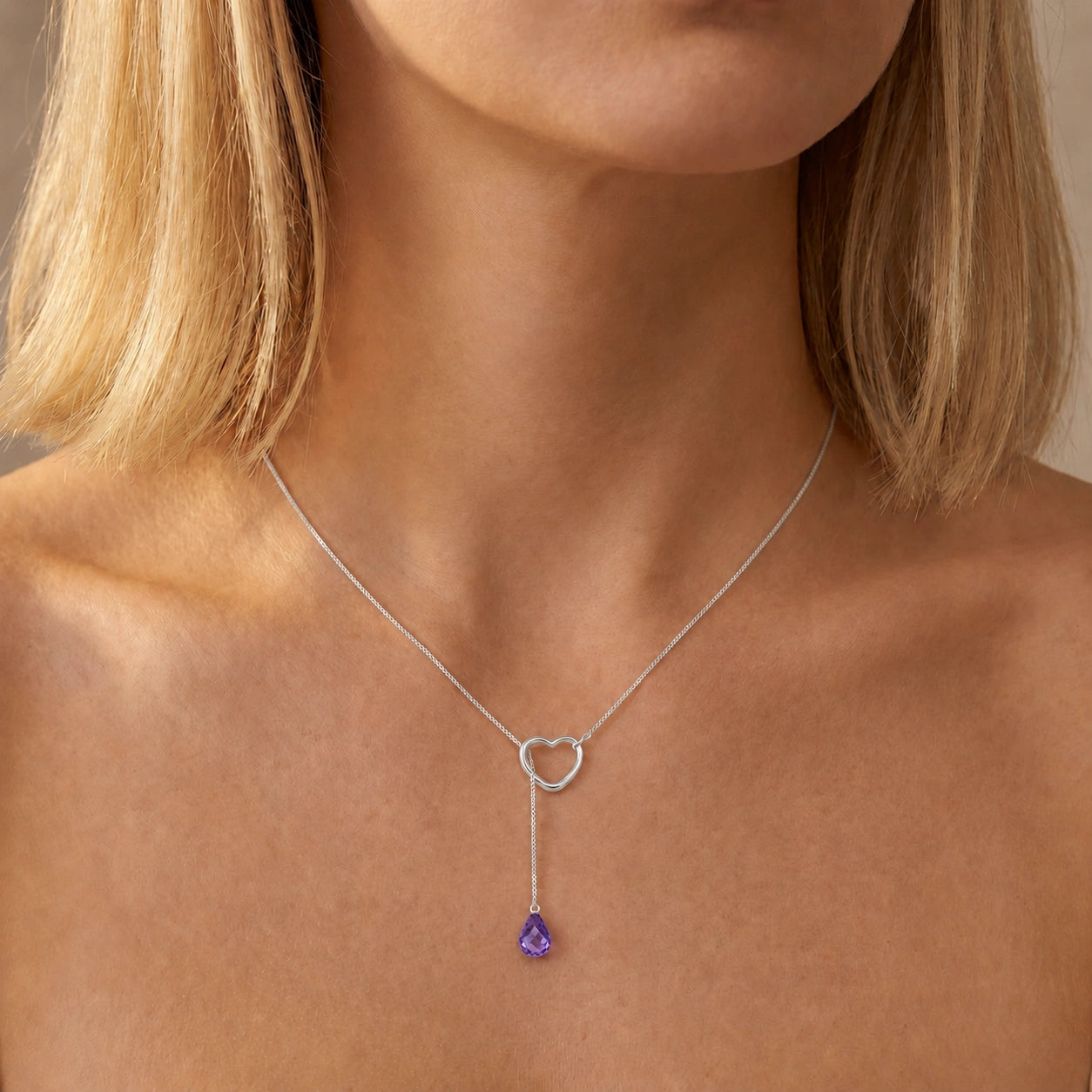 White Gold Heart Pendant Drop Necklace Amethyst 10K — Lucia