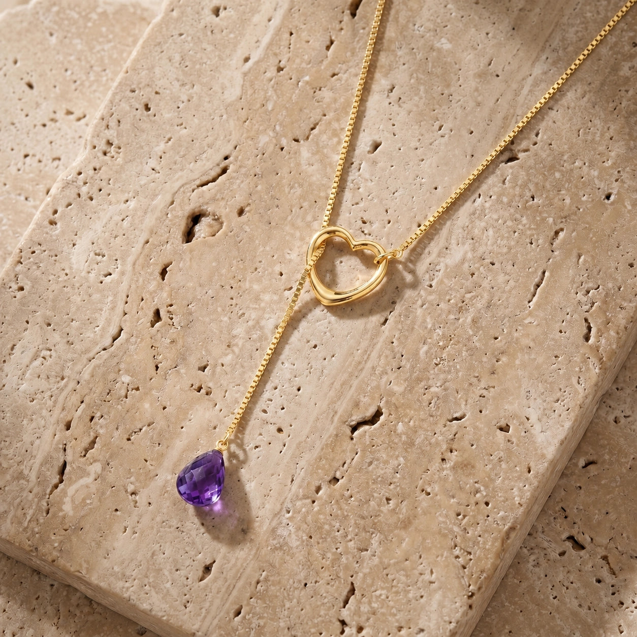 Yellow Gold Heart Pendant Drop Necklace Amethyst 10K — Lucia