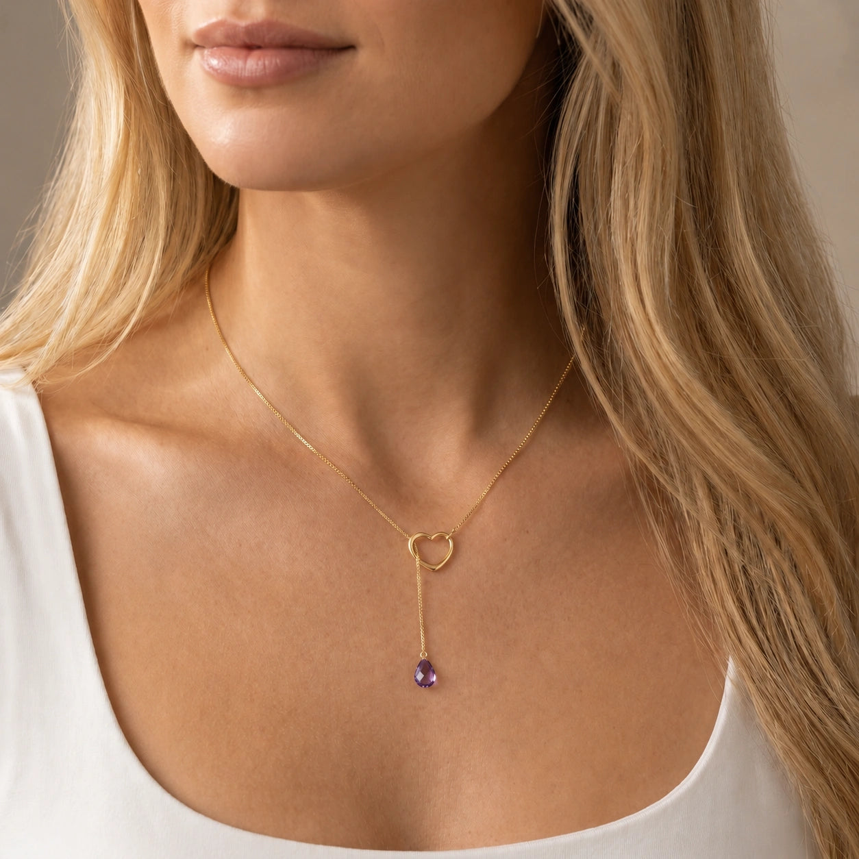 Yellow Gold Heart Pendant Drop Necklace Amethyst 10K — Lucia