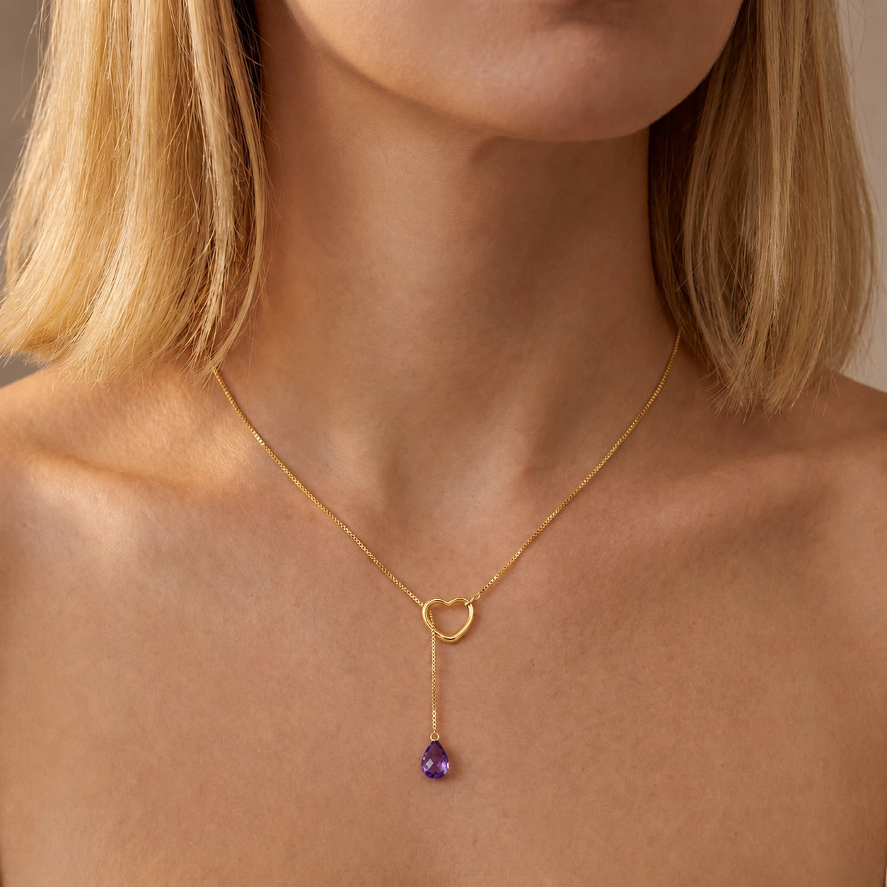 Yellow Gold Heart Pendant Drop Necklace Amethyst 10K — Lucia