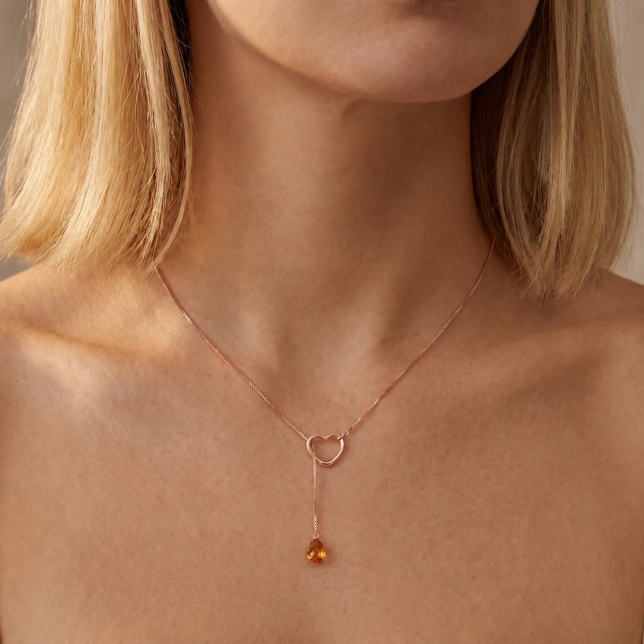 Rose Gold Heart Pendant Drop Necklace Citrine 10K — Lucia