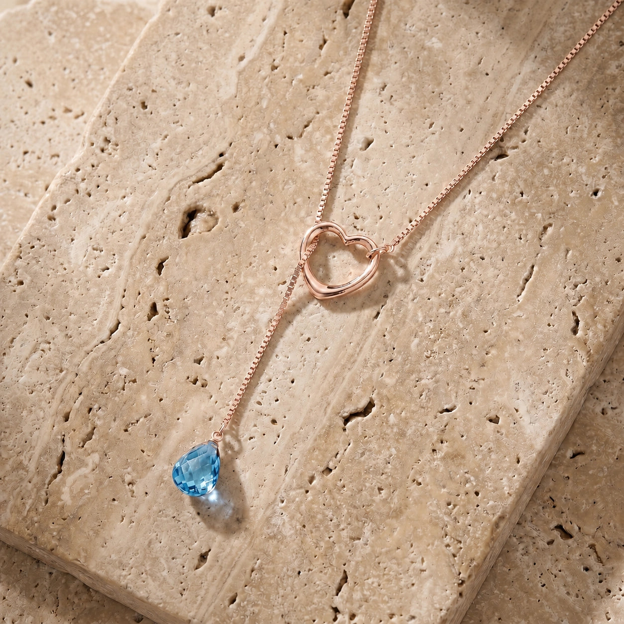 Rose Gold Heart Pendant Drop Necklace Blue Topaz 10K — Lucia
