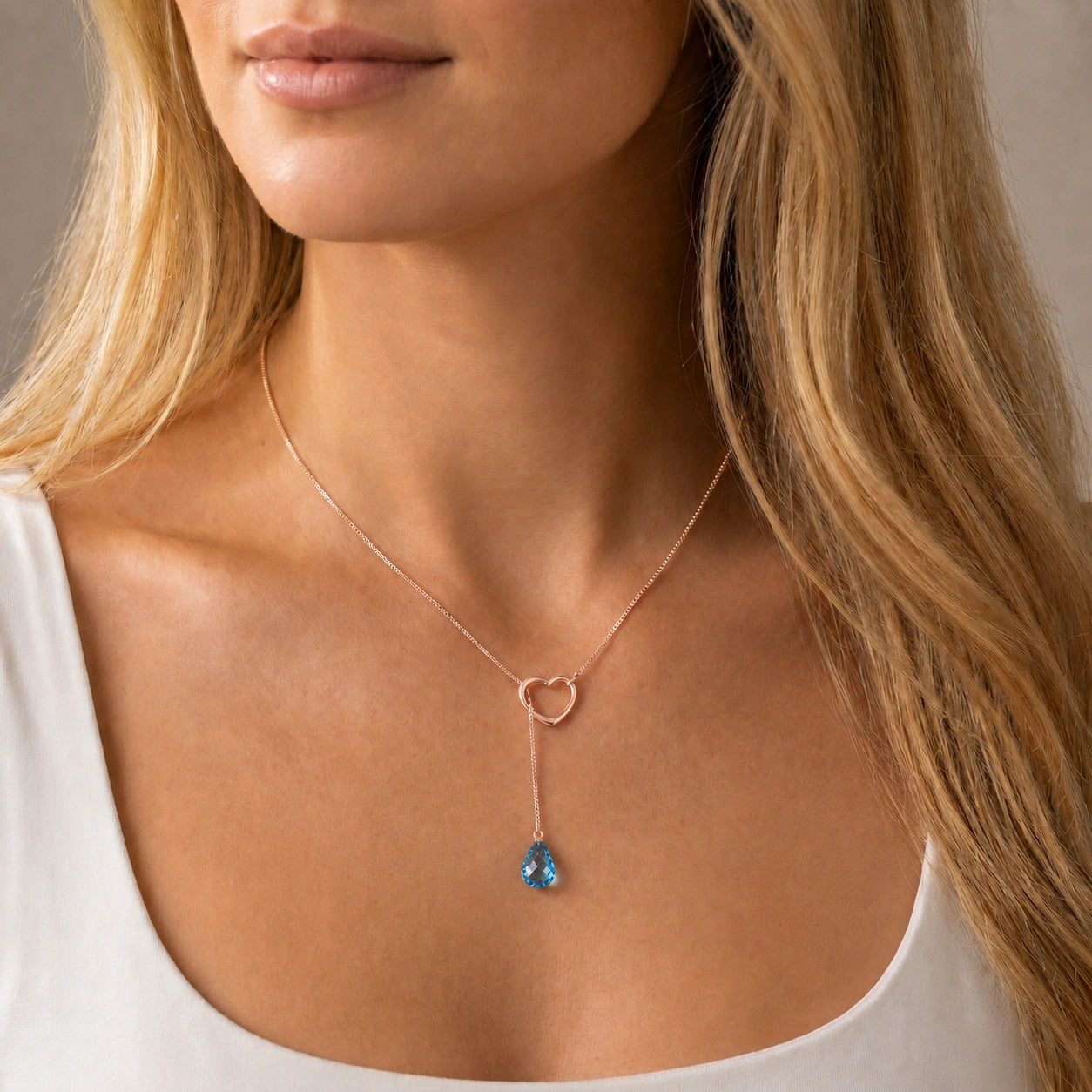 Rose Gold Heart Pendant Drop Necklace Blue Topaz 10K — Lucia