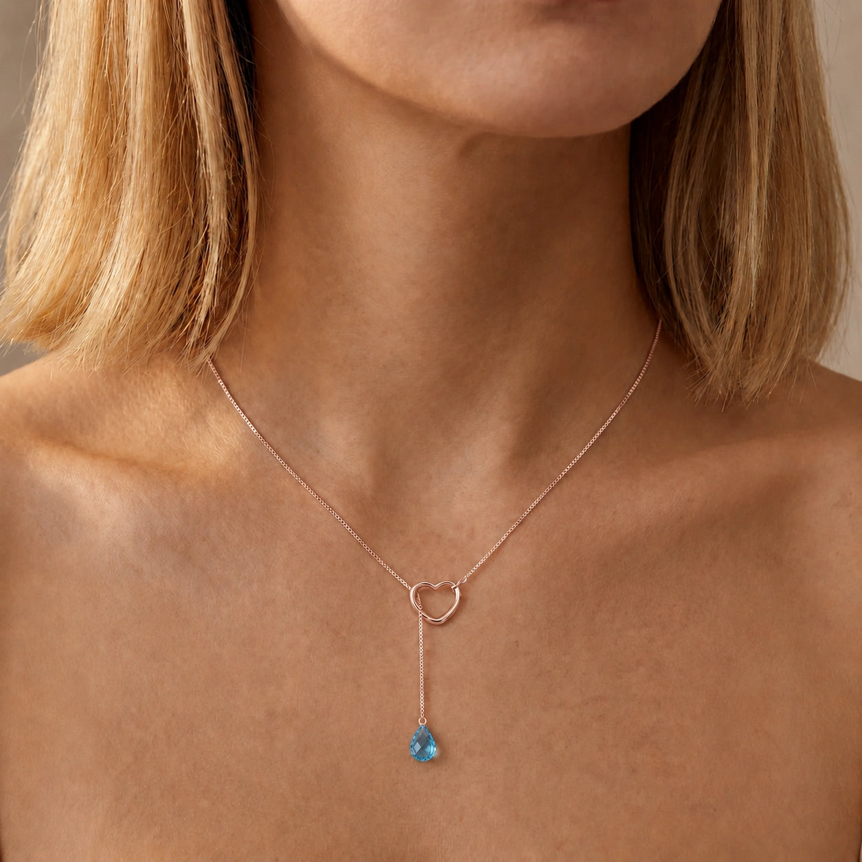 Rose Gold Heart Pendant Drop Necklace Blue Topaz 10K — Lucia