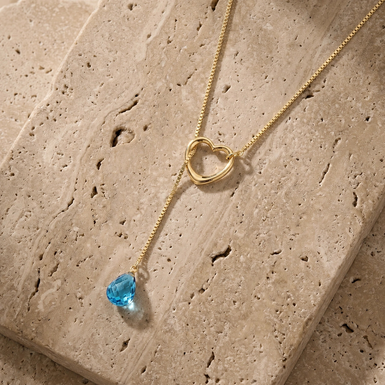 Yellow Gold Heart Pendant Drop Necklace Blue Topaz 10K — Lucia