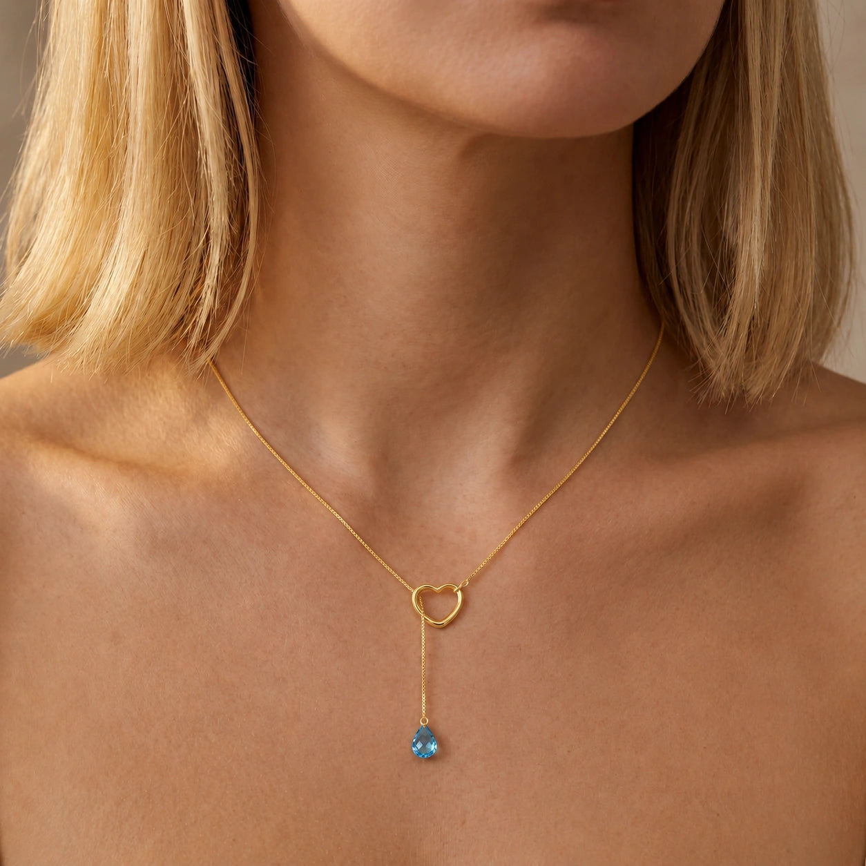 Yellow Gold Heart Pendant Drop Necklace Blue Topaz 10K — Lucia