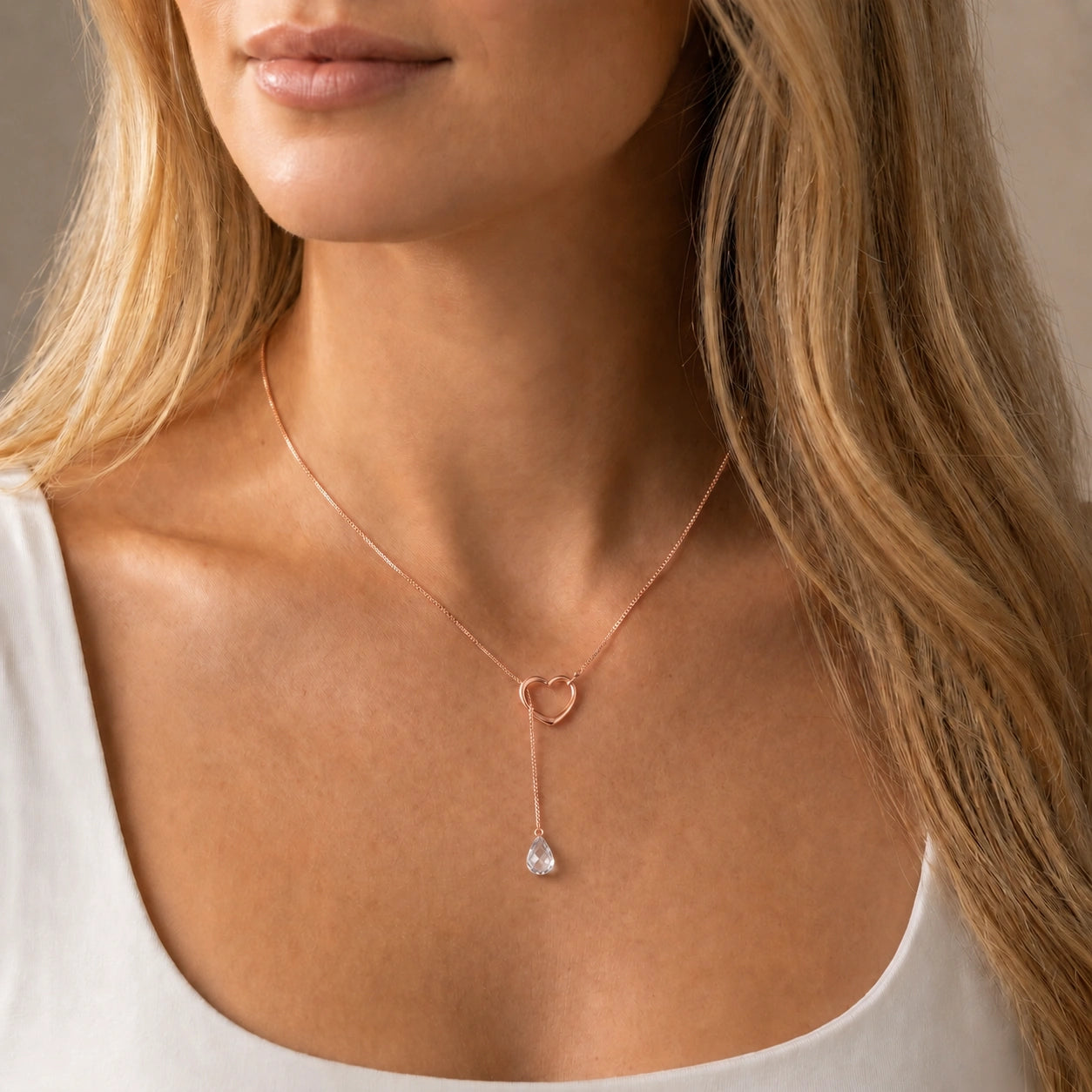 Rose Gold Heart Pendant Drop Necklace White Topaz 10K — Lucia