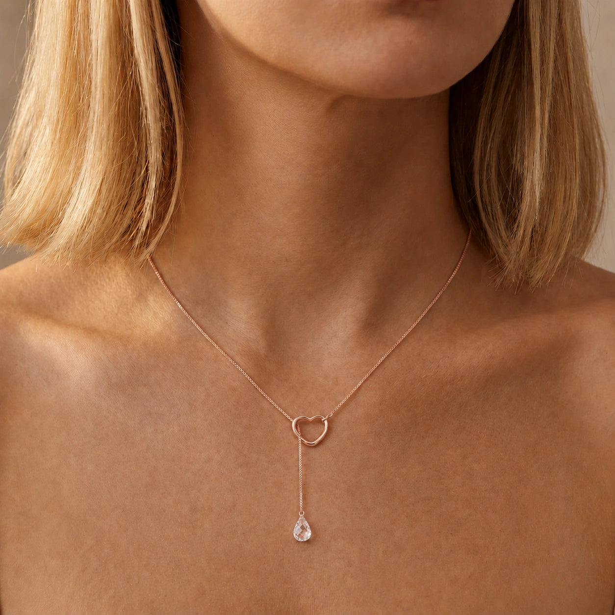 Rose Gold Heart Pendant Drop Necklace White Topaz 10K — Lucia