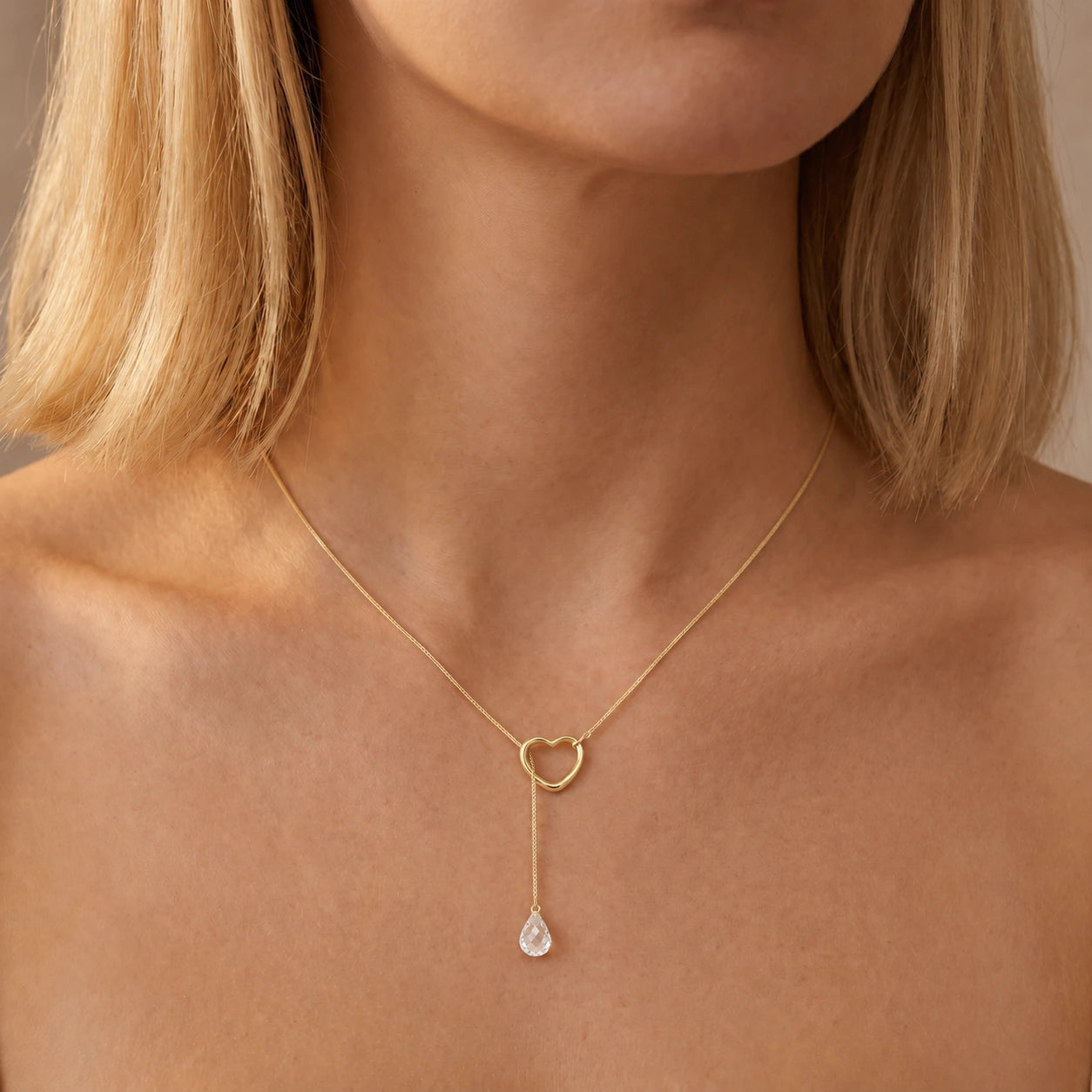 Yellow Gold Heart Pendant Drop Necklace White Topaz 10K — Lucia
