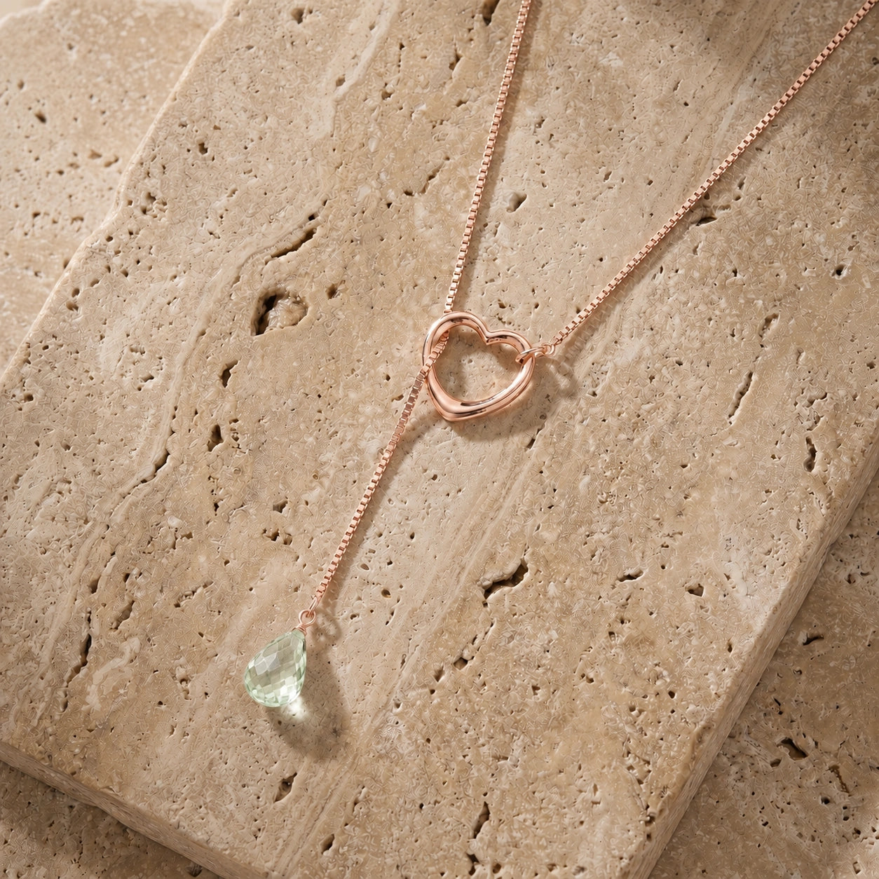 Rose Gold Heart Pendant Drop Necklace Green Amethyst 10K — Lucia