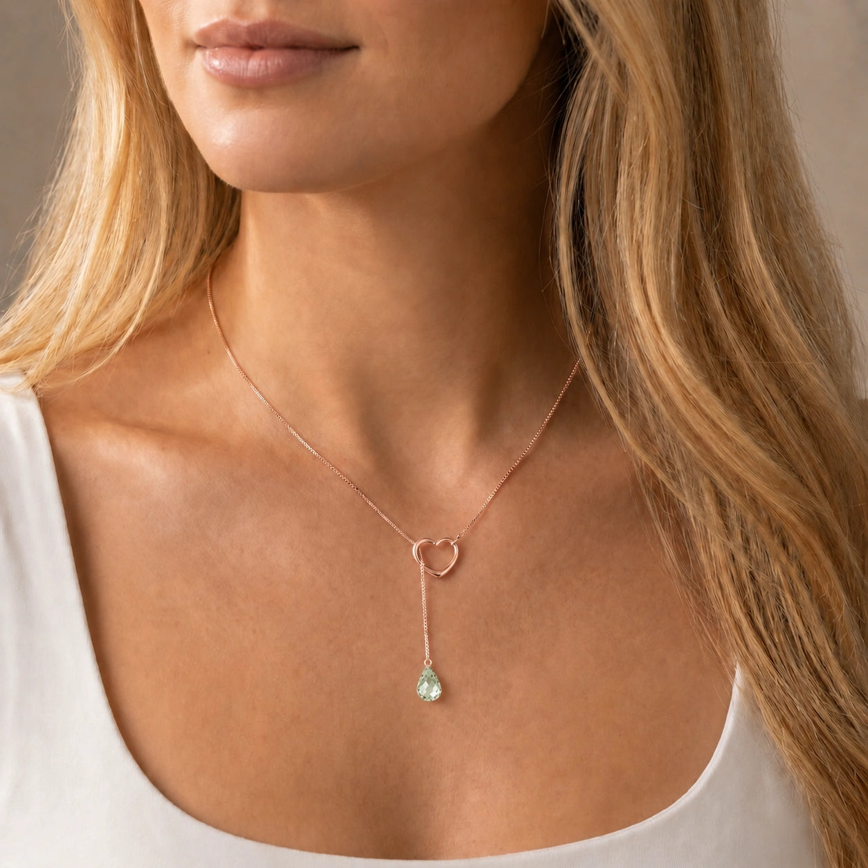 Rose Gold Heart Pendant Drop Necklace Green Amethyst 10K — Lucia