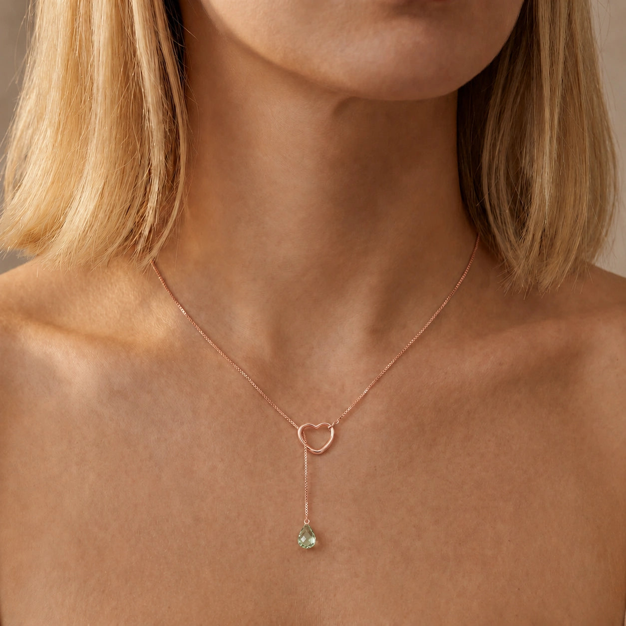 Rose Gold Heart Pendant Drop Necklace Green Amethyst 10K — Lucia