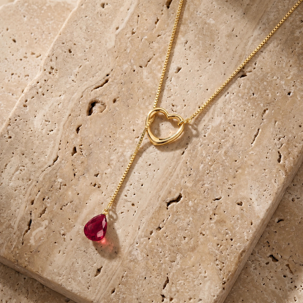Yellow Gold Heart Pendant Drop Necklace Ruby 10K — Lucia