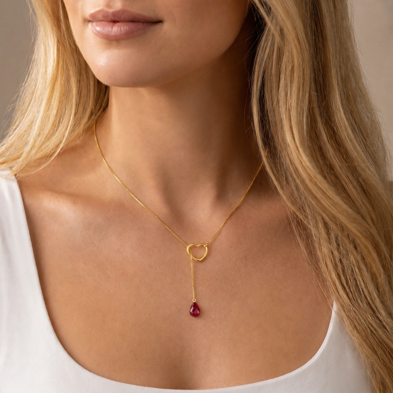 Yellow Gold Heart Pendant Drop Necklace Ruby 10K — Lucia
