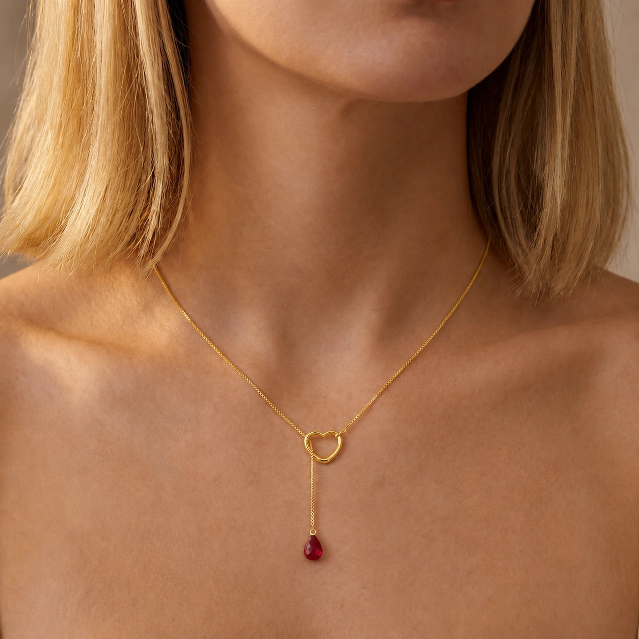 Yellow Gold Heart Pendant Drop Necklace Ruby 10K — Lucia