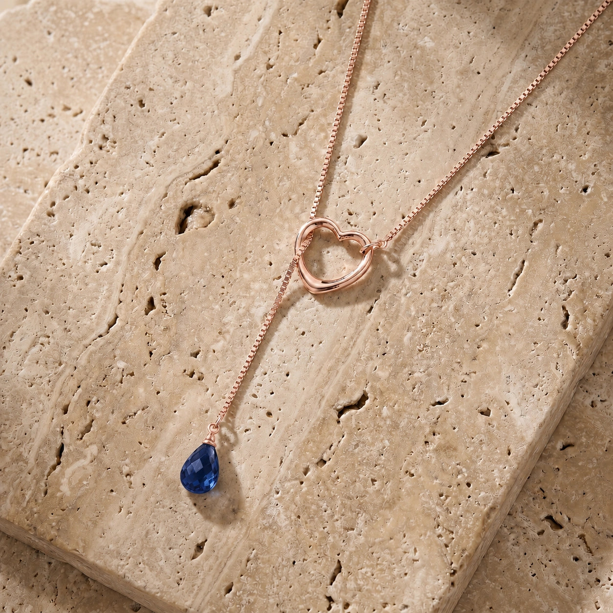 Rose Gold Heart Pendant Drop Necklace Sapphire 10K — Lucia