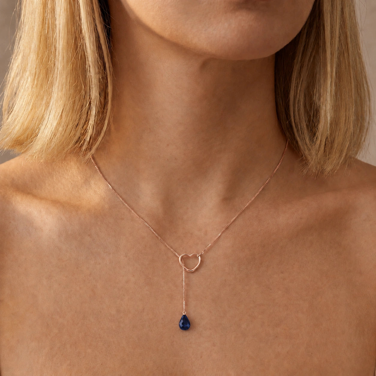 Rose Gold Heart Pendant Drop Necklace Sapphire 10K — Lucia