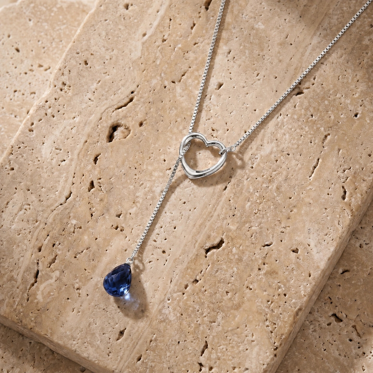 White Gold Heart Pendant Drop Necklace Sapphire 10K — Lucia