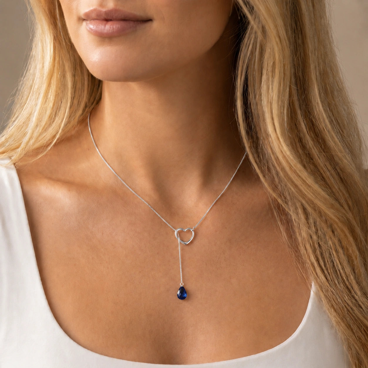 White Gold Heart Pendant Drop Necklace Sapphire 10K — Lucia
