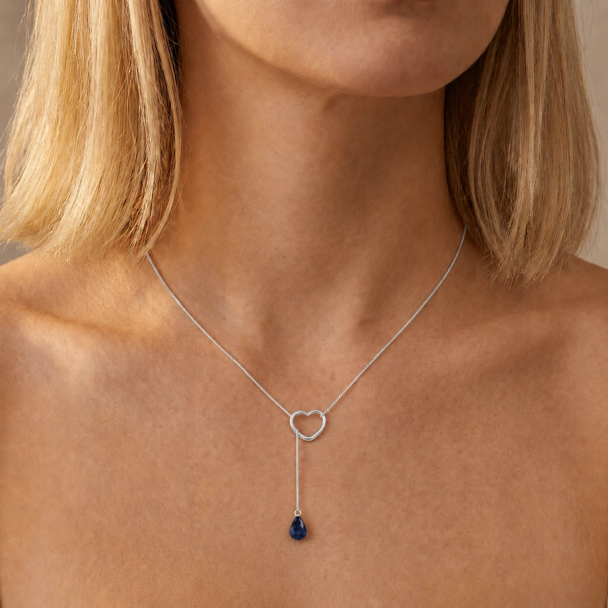 White Gold Heart Pendant Drop Necklace Sapphire 10K — Lucia