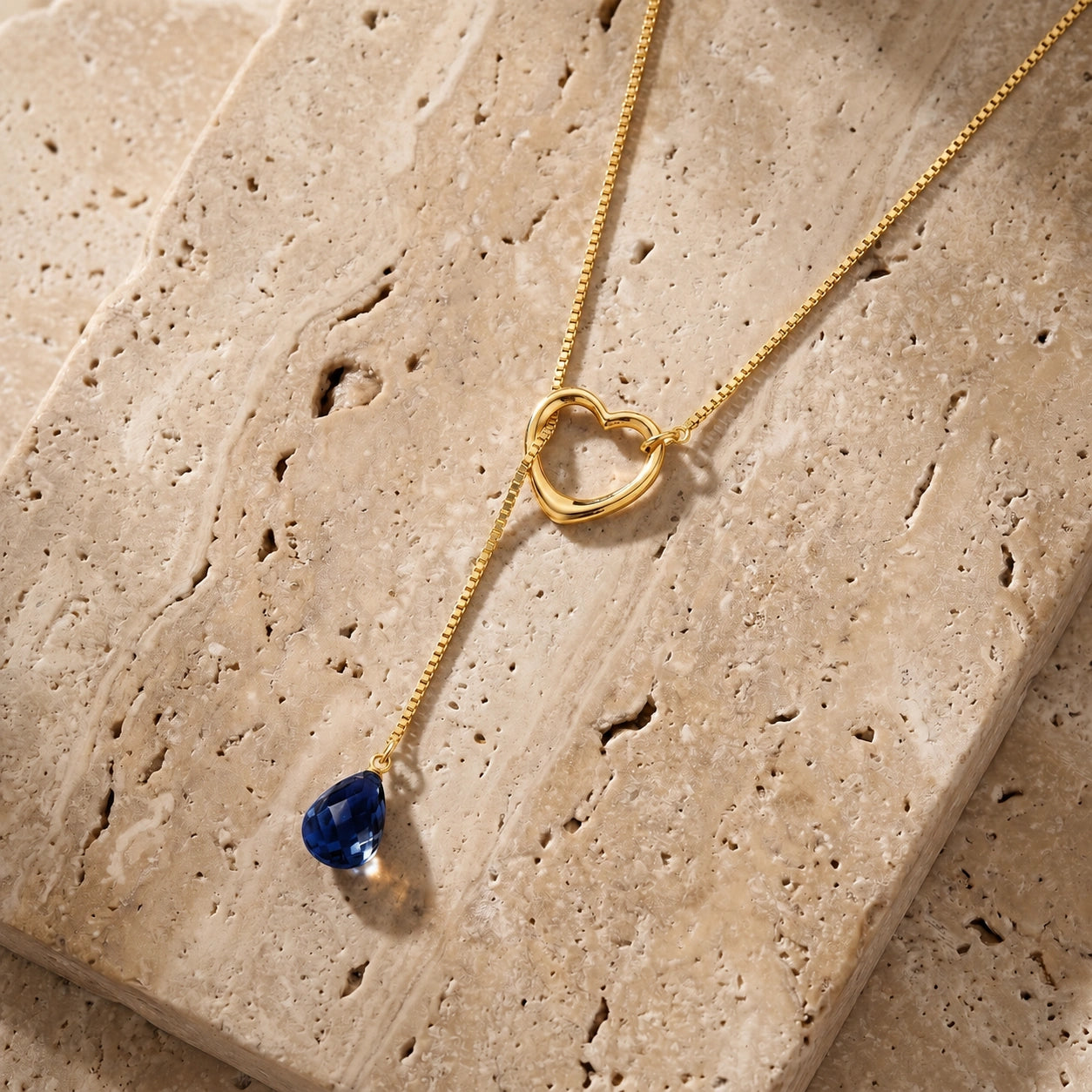 Yellow Gold Heart Pendant Drop Necklace Sapphire 10K — Lucia
