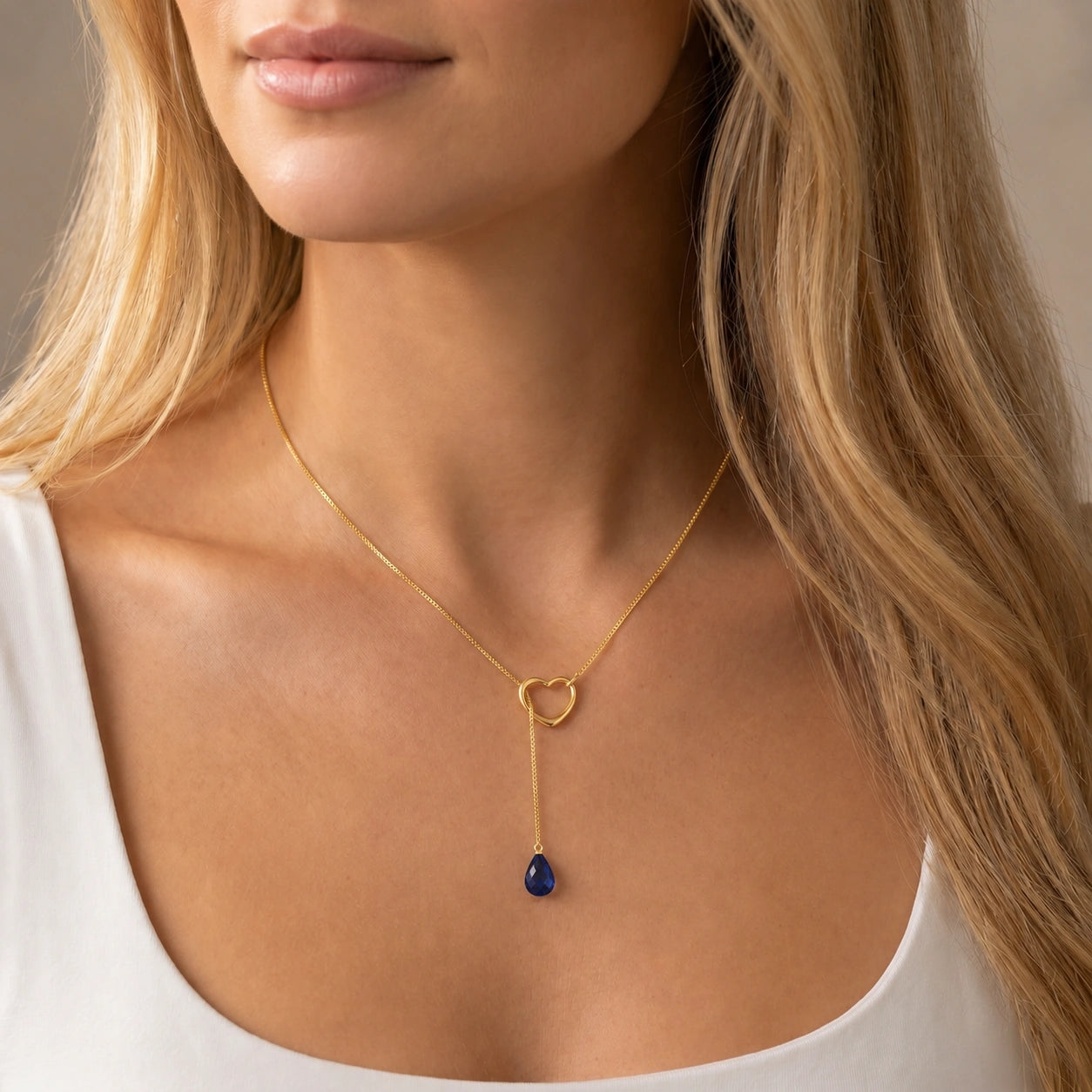 Yellow Gold Heart Pendant Drop Necklace Sapphire 10K — Lucia