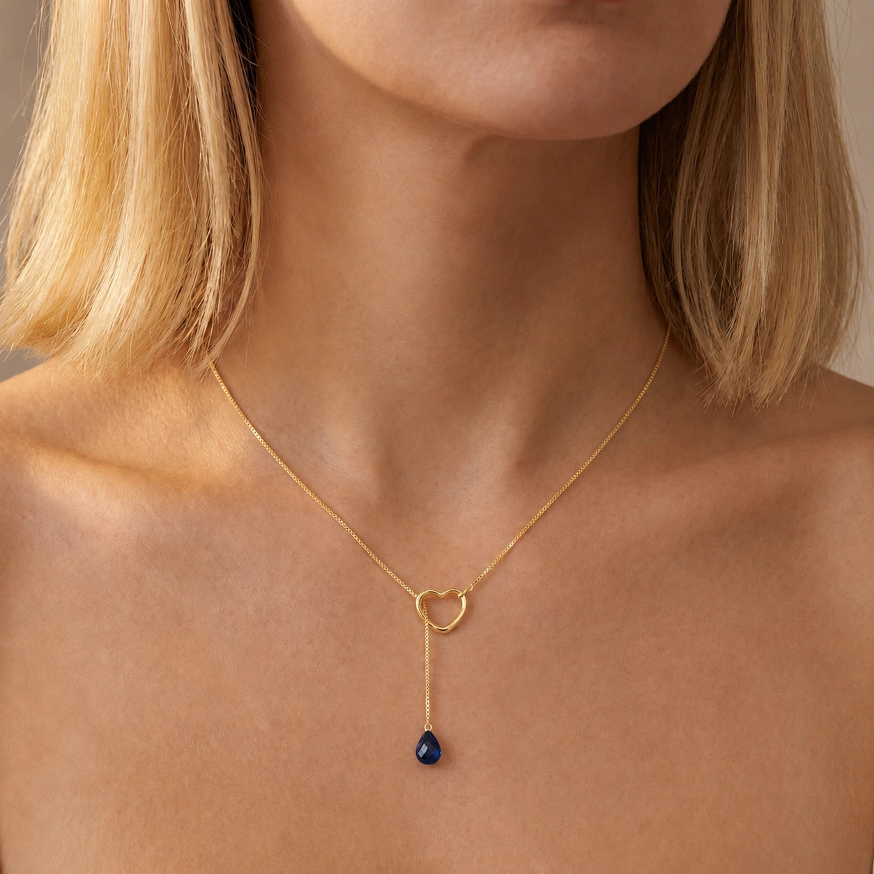 Yellow Gold Heart Pendant Drop Necklace Sapphire 10K — Lucia