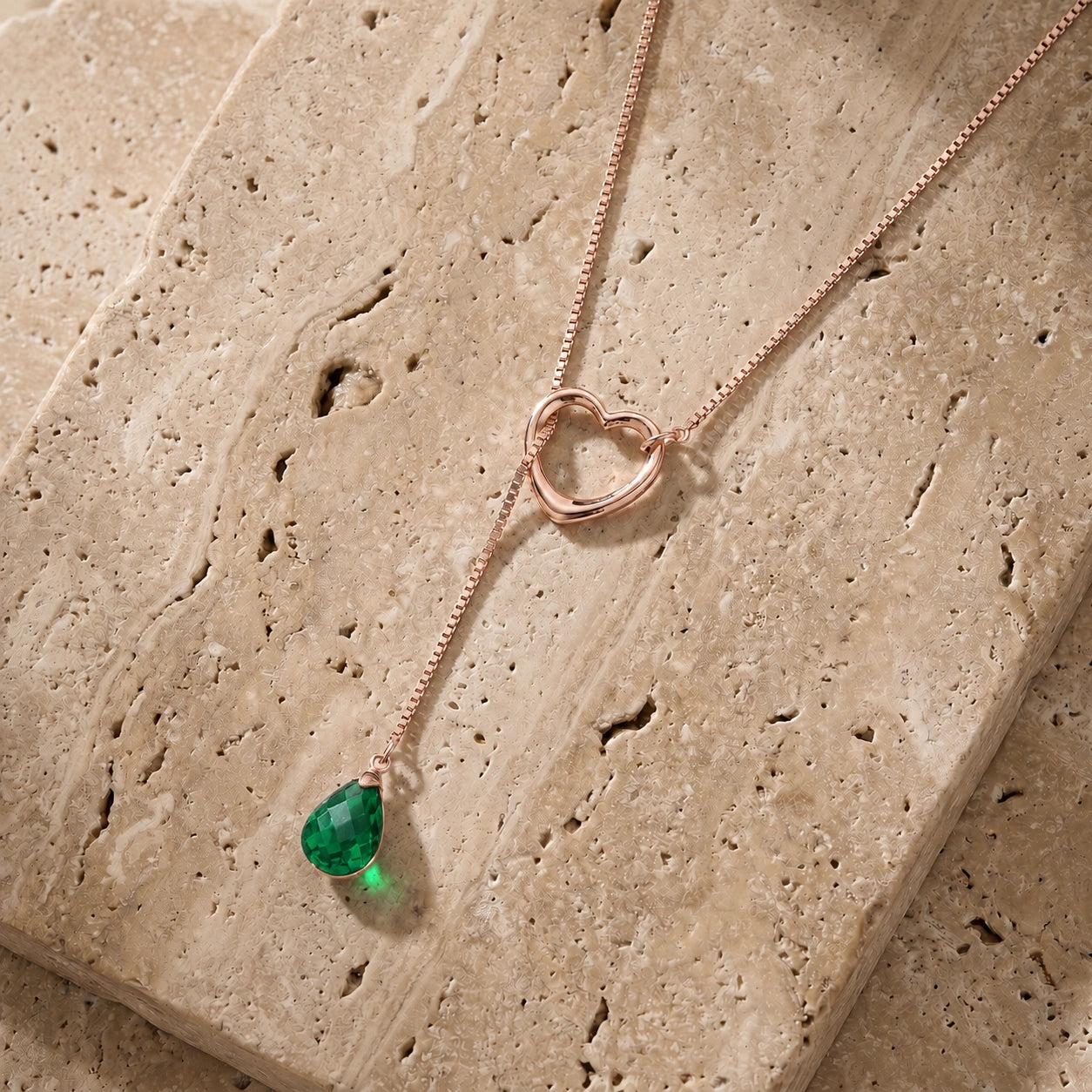 Rose Gold Heart Pendant Drop Necklace Emerald 10K — Lucia