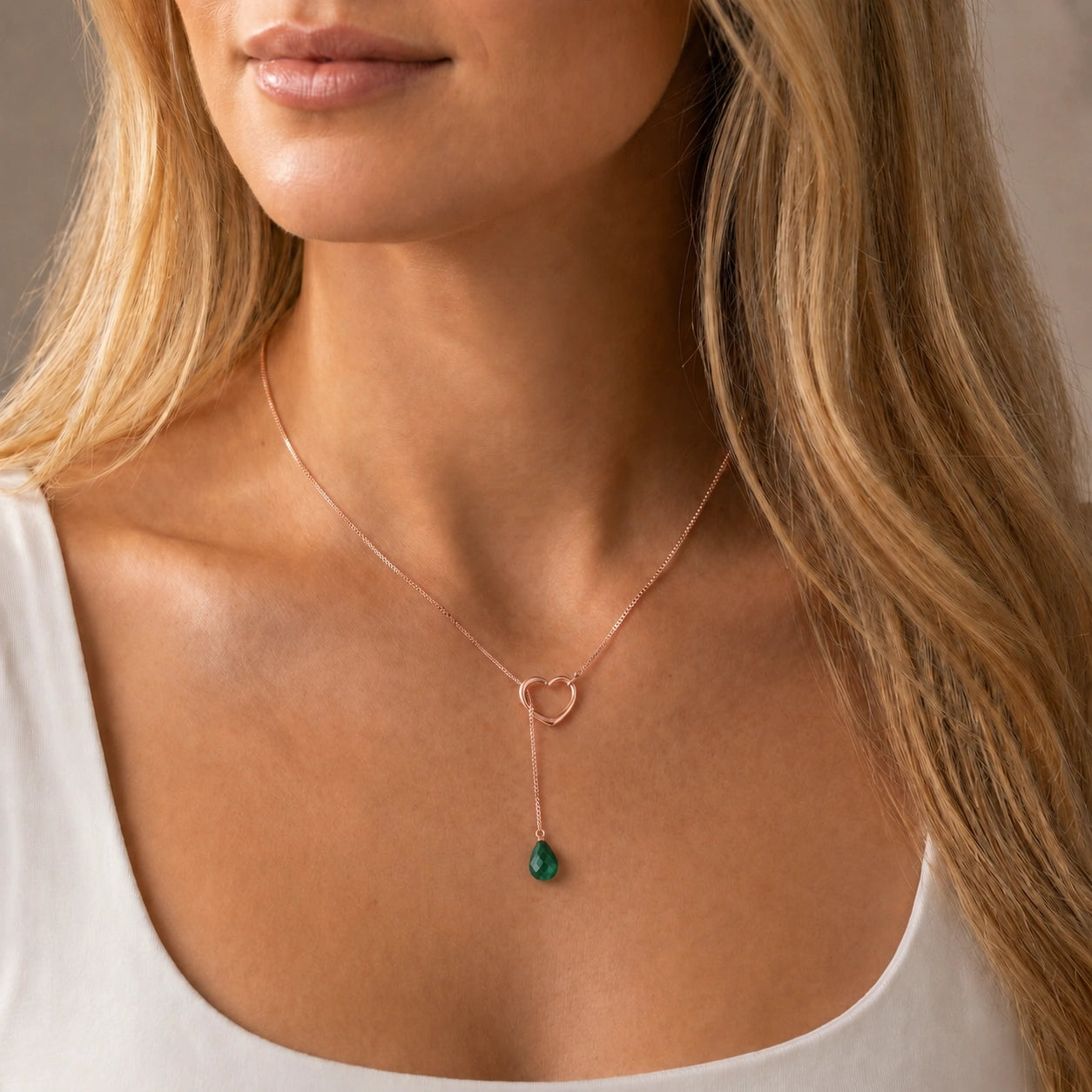 Rose Gold Heart Pendant Drop Necklace Emerald 10K — Lucia