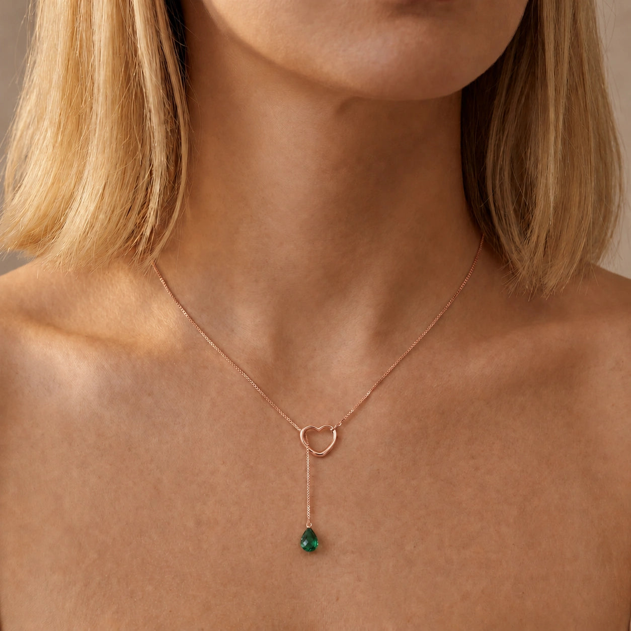 Rose Gold Heart Pendant Drop Necklace Emerald 10K — Lucia