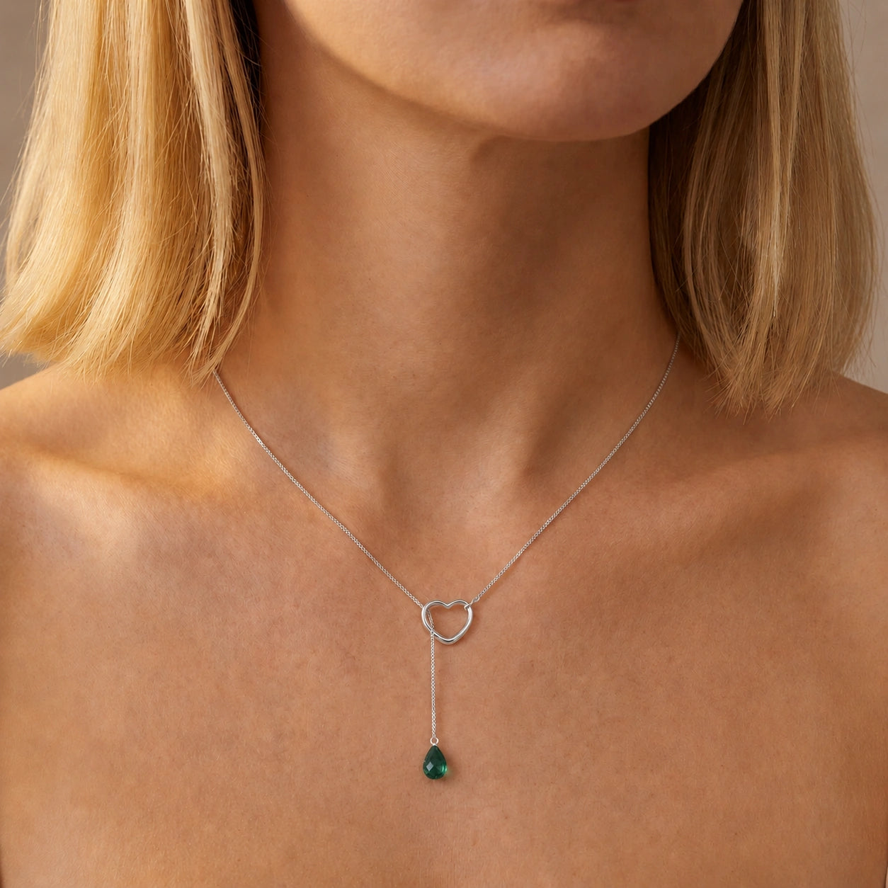 White Gold Heart Pendant Drop Necklace Emerald 10K — Lucia